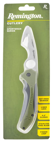 Remington Accessories 15674 Sportsman  Folding Skinner w/Gut Hook 8Cr13MoV SS Blade Black/OD Green GRN Handle Includes Pocket Clip