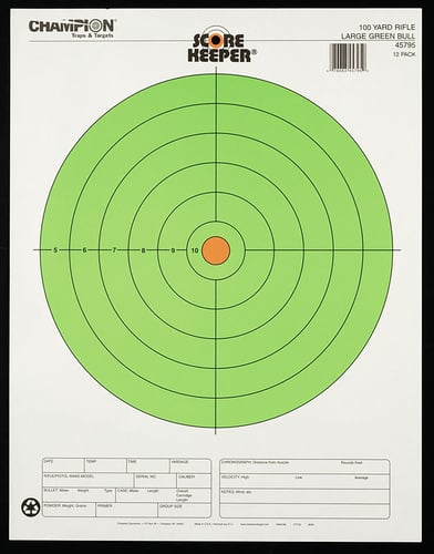 Champion Scorekeeper Targets Fluorescent Orange & Green Bull - 100 yd. Rifle 12/Pack