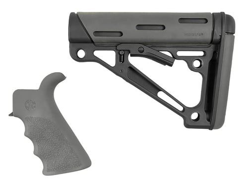Hogue 15556 OverMolded Collapsible Buttstock Black Synthetic & Slate Gray OverMolded Rubber Stock Slate Gray Rubber Finger Grooved Grip for AR-15, M16 with Mil-Spec Buffer Tube (Tube Not Included)