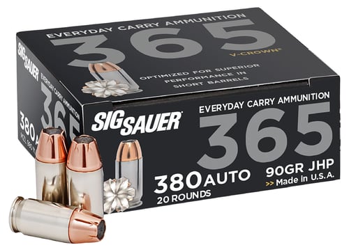 Sig Sauer E380A136520 Elite Performance 365 380 ACP 90 gr V Crown Jacketed Hollow Point 20 Per Box/ 10 Case