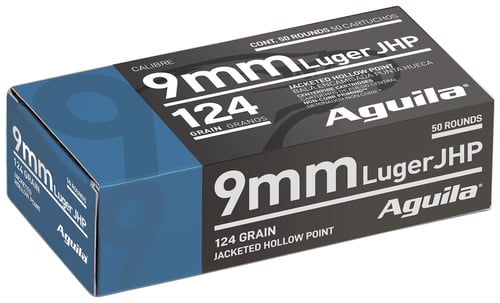 AMMO 9MM JHP 124GR 50/BXAguila Ammunition 9mm - JHP - 124 GR - 1130 FPS - 50/BX - SELF-DEFENSE IS THE BEST OFFENSE - Born from years of Aguila engineering and countless terminal ballistic tests, this defense and tactical round consistently hits dead center and cyctic tests, this defense and tactical round consistently hits dead center and cycles flawlesslyles flawlessly