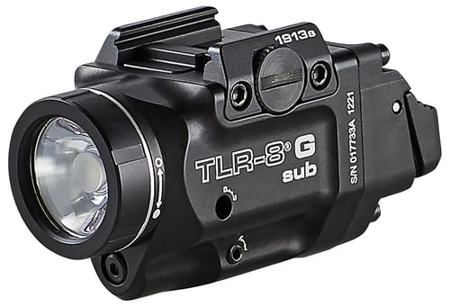 TLR-8 G SUB COMPACT RAIL-MOUNTED TACTICAL LIGHT W/ GREEN LASER; FOR 1913 short models WHITE LED PRODUCES 500 LUMENS, RUNS 1.5 HOURS; LASER: 510-530NM GREEN LASER 1XCR123A LITHIUM BATTERY