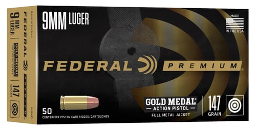 Federal GM9AP1 Gold Medal Premium 9mm Luger 147 gr Full Metal Jacket 50 Per Box/ 10 Case