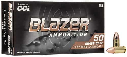 CCI 5200BK1000 Blazer Brass Handgun 9mm Luger 115 gr Full Metal Jacket 1000 Per Box/ 1 Case