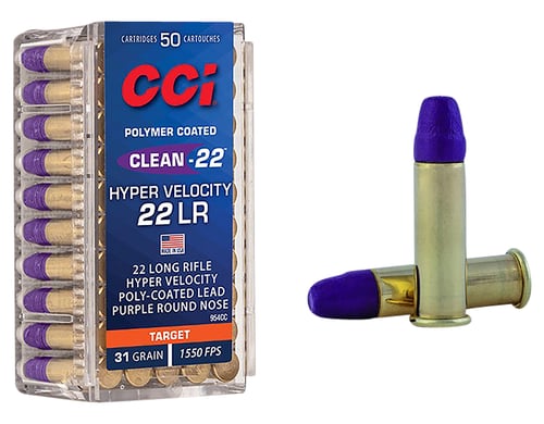 CCI 954CC Clean-22 Hyper Velocity 22 LR 31 gr LN Purple 50 Per Box/ 100 Case