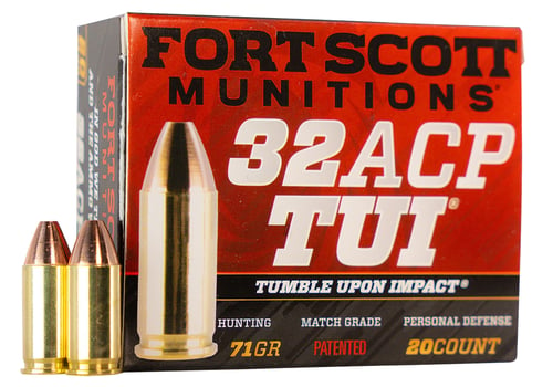 Fort Scott Munitions 32ACP71SCV Tumble Upon Impact (TUI)  32 ACP 71 gr Solid Copper Spun 20 Per Box/ 25 Case