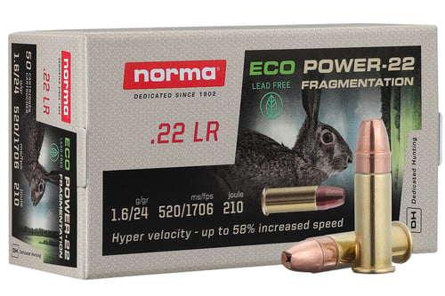 Norma Ammunition 2423774 Fragmentation Hollow Point Ecopower 22 LR 24 gr Hollow Point 50 Per Box/ 100 Case