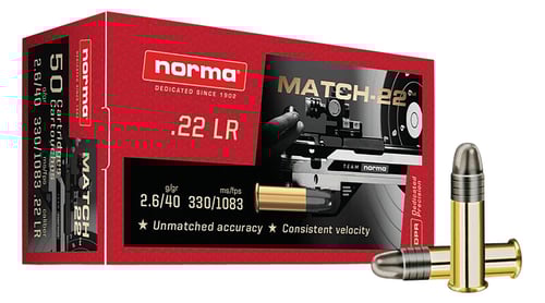 Norma Ammunition 2425076 Dedicated Precision Match 22LR 40gr Lead Round Nose 50 Per Box/100 Case | 4000294250767