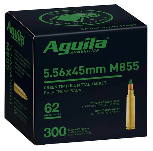 Aguila 1E556125 Green Tip M855 5.56x45mm NATO 62 gr Full Metal Jacket Boat Tail 300 Per Box/ 4 Case