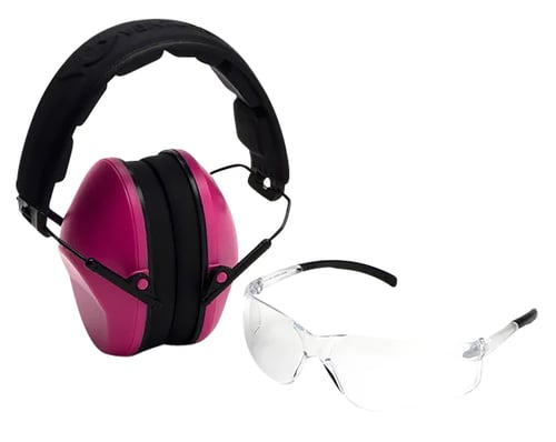 Pyramex VGCOMBO210 Low-Profile Combo Kit  Scratch Resistant Clear Lens & Frame with Rubber Temple Tips, Pink Low-Profile Earmuffs