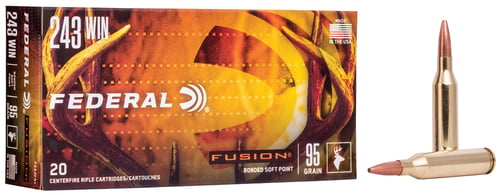 FUSION 243 WIN 95GR 20RD/BXFusion Rifle Ammunition .243 Winchester (6.16x51mm) - Fusion Bullet - 95 grain -Inherently accurate - High weight retention - Internally skived for consistent upsets - Premium performance at lower cost - 20 rounds per boxupsets - Premium performance at lower cost - 20 rounds per box