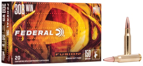 FUSION 308 WIN 150GR 20RD/BXFusion Rifle Ammunition .308 Win. (7.62x51mm) - Fusion Bullet - 150 grain - Inherently accurate - High weight retention - Internally skived for consistent upsets - Premium performance at lower cost - 20 rounds per boxs - Premium performance at lower cost - 20 rounds per box