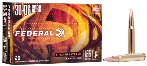 FUSION 30-06 SPR 165GR 20RD/BXFusion Rifle Ammunition .30-06 Springfield (7.62x63mm) - Fusion Bullet - 165 grain - Inherently accurate - High weight retention - Internally skived for consistent upsets - Premium performance at lower cost - 20 rounds per boxent upsets - Premium performance at lower cost - 20 rounds per box