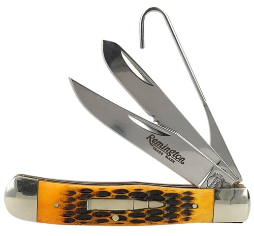 Remington Accessories R15696 Bullet Waterfowler Pocket Folding Clip Point/Gut Hook/Spey Gut Hook/Part Serrated/Plain Polished Carbon Steel Blade, Burnt Dark Amber Jigged Bone Handle