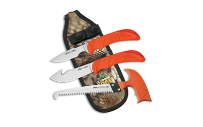 Outdoor Edge WG10C WildGuide  Fixed Caper/Saw/Skinner w/Gut Hook Satin 420J2 SS Blades, Blaze Orange Textured TPR Handle