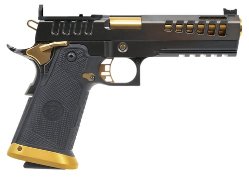 Watchtower Firearms DEMOLITIA9MM5ELITE Demolitia  Full Size Frame 9mm Luger 201 5 Inch Gold Plated PVD Ported Barrel, Graphite PVD Optic Cut/Serrated Steel Slide, Graphite PVD Frame, Black Textured Grip | 810085127307