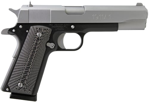 Iver Johnson Arms 1911A1TT 1911 A1  Full Size Frame 45 ACP 81 5 Inch Stainless Steel Barrel, Silver Cerakote Serrated Stainless Steel Slide, Black Steel Frame w/Beavertail, Black/Gray G10 Grip | .45 ACP | 796167791515