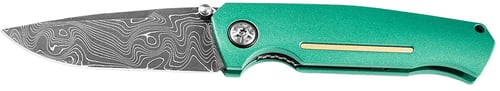 Boker 111102DAM   3.22 Inch Drop Point Plain Damascus Blade Green Aluminum Handle | 788857061572