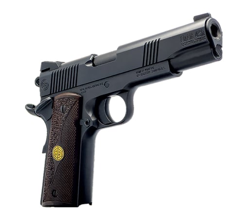 Dickinson LLC DKSN9BB 1911 Adam Full Size Frame 45 ACP 81 4.37 Inch Black Button Rifled Barrel, Matte Black Serrated Aluminum Slide, Black Steel Frame, Wood Grips | 646809582356