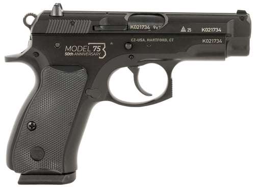 CZUSA 01144 CZ 75 Compact 50th Anniversary 9mm Luger 101 3.75 Inch Black Steel Barrel  Serrated Slide, Black Polycoat Steel Frame w/Beavertail, Black Plastic Grip, Right Hand | 806703011448
