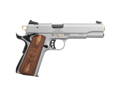 ATI GSG2210M1911AN15 GSG 1911 15 Year Anniversary Edition Full Size Frame 22 LR 101 5 Inch Black Threaded Barrel, Frost Gray Serrated Slide, Frost Gray w/Gold Accents Zinc Alloy Frame, Light Wood Grip | .22 LR | 810113113739