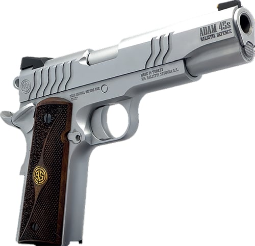 Dickinson LLC DCKSN45S 1911 Adam S Full Size Frame SAO 45 ACP 71 5 Inch Stainless Button Rifled Barrel, Stainless Steel S Serrations Slide, Stainless Steel Frame, Wood Grip | 646809582271