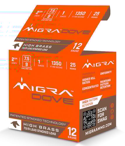 Migra Ammunitions M12LF7.59  Dove 12Gauge 2 3/4 Inch 1oz 7.5/9Shot 25 Per Box/10 Case | 850060794377