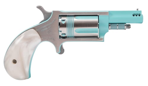 North American Arms 22MPB Iris undefined 22 Mag 5 Shot 1.63 Inch Turquoise Cerakote Ported Barre Matte Stainless Steel Frame, Stainless/Turquoise Cylinder, Faux White Pearl Grip, Exposed Hammer | 744253004049