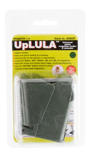 UP LULA LOADER UNIV PISTOL 9MM-45 DKGRNUpLULA Pistol Loader Loads / unloads - Works on almost all 9mm to 45 ACP - Single stack / double stack - Will work on .380 double stack magazines - Color: Dark GreenGreen