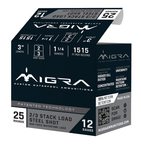 Migra Steel Waterfowl Stacked Shotshell 12ga 3 11/4 oz 1515 fps 23 25/ct | 850081504023