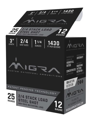 Migra Steel Waterfowl Stacked Shotshell 12ga 3 11/4 oz 1515 fps 2  4 25/ct | 850081504047