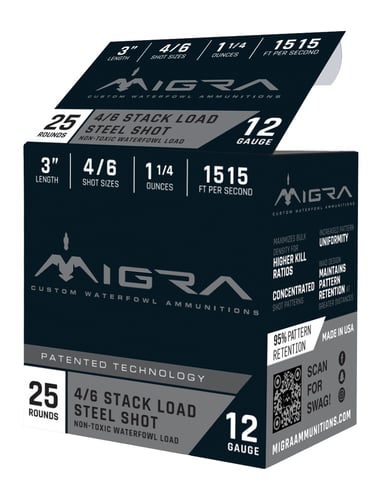 Migra Steel Waterfowl Stacked Shotshell 12ga 3 11/4 oz 1515 fps 4  6 25/ct | 850081504061