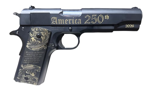 Tisas Arms 10100518US250 1911 Americas 250th Full Size 45 ACP 71 5 Inch Stainless Barrel, Black w/Gold Engraving Steel Serrated Slide, Black w/Gold Engraving Steel Frame w/Beavertail, Black w/Gold Accen | 860014933530