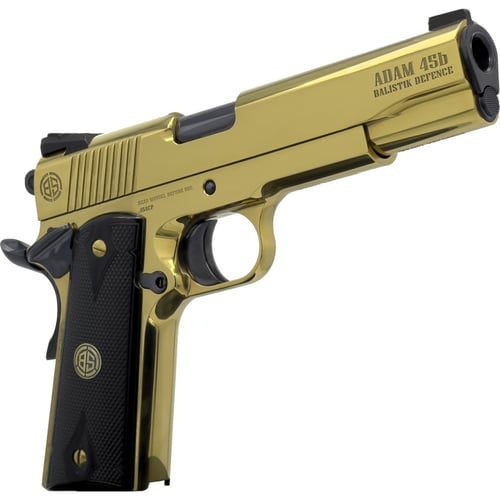 Dickinson LLC DKSN45GB Adam 1911 Golden 45 ACP 81 5 Inch Black Barrel, Gold Cerakote Steel B Serrations Slide, Gold Steel Frame w/Beavertail, Black Textured Grip | 646809582479