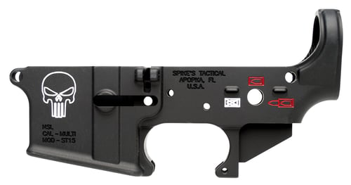 Spikes Tactical STLS015CFA Punisher Stripped Lower Receiver Multi-Caliber 7075-T6 Aluminum Black Anodized with Color Fill for AR-15