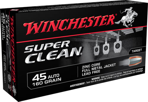 Winchester Ammo W45LF Super Clean  45 ACP 160 gr Lead Free Full Metal Jacket 50 Per Box/ 10 Case
