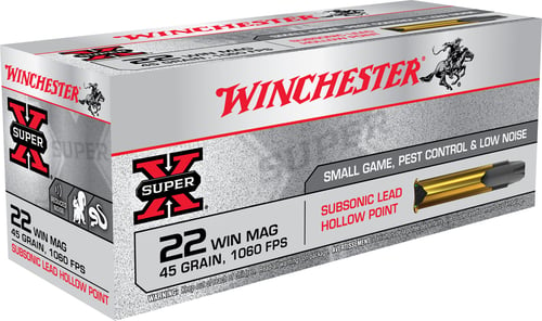 Winchester Ammo X22MSUB Super-X Rimfire Ammunition 22 Winchester Magnum Rimfire (WMR) 45 GR SubSonic Lead Hollow Point 50 Bx/ 60 Cs