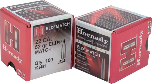Hornady 22491 ELD Match  22 Cal .224 52 gr Extremely Low Drag Match 100 Per Box/ 40 Case