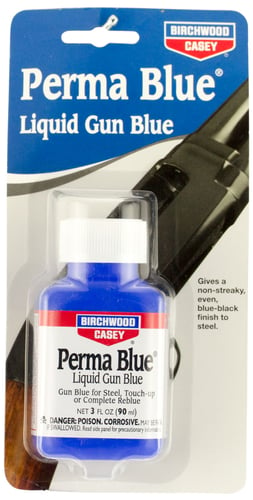 PB22 PRMABLU LIQ GUN BLUE 3OZ BTLPerma Blue Liquid Gun Blue 3 fl oz plastic bottle The proven way to touch-up scratches and worn spots or to completely re-blue most guns - Non-streaky, even blue-black finish to steel (except stainless)e-black finish to steel (except stainless)