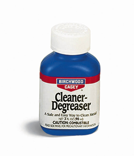 CLEANER-DEGREASER 3 OUNCECleaner-Degreaser 3 Fl. Oz. - Specially formulated to remove dirt, fouling, grease and oil quickly and easily - Safe, easy and effective way to clean your firearm thoroughly - Cleans your firearm before blueing or browning processrm thoroughly - Cleans your firearm before blueing or browning process