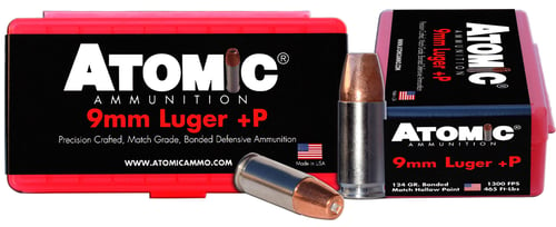 Atomic Ammunition 00454 Pistol Precision Craft 9mm Luger +P 124 gr Bonded Match Hollow Point 20 Per Box/ 10 Case