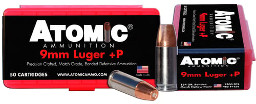 Atomic Ammunition 00409 Pistol Precision Craft 9mm Luger +P 124 gr Bonded Match Hollow Point 50 Per Box/ 10 Case