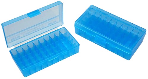 P50 LGE HNDGN AMMO BOX 50RD - CLR BLUEP-50 Series - 50 Round 50 Round Handgun Ammo Box.45 ACP, 10MM, .40 S & W, .41 ACT Exp. - Clear Blue Stackable - Textured polypropylene - Integral 