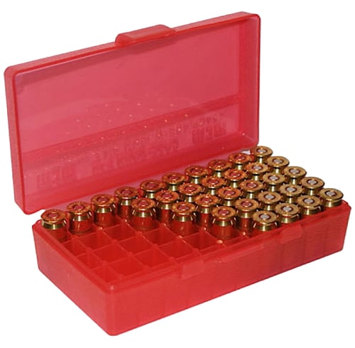 P50 LGE HNDGN AMMO BOX 50RD - CLR REDP-50 Series - 50 Round  50 Round Handgun Ammo Box.45 ACP, 10MM, .40 S & W, .41 ACT Exp. - Clear Red Stackable - Textured polypropylene - Integral 