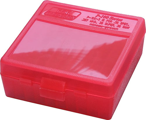 P100 MED HNDGN AMMO BOX 100RD - CLR REDP-100 Series 100 Round Handgun Ammo Box.38 Special, 357 Magnum, .38 Auto Colt -Clear Red Stackable - Textured polypropylene - Integral 