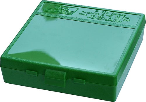 P100 LGE HNDGN AMMO BOX 100RD - GREENP-100 Series 100 Round Handgun Ammo Box.45 ACP, 10MM, .40 S & W, .41 ACT Exp. -Green Stackable - Textured polypropylene - Integral 