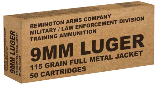 Remington B9MM3 Pistol Ammo 9MM FMJ, 115 Gr, 1145 fps, 50 Rnd, Boxed