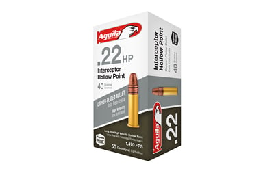 AMMO 22 LR INTERCEPTOR HP 40GR 50RD/BX22 Interceptor LR Ammunition 22 Interceptor - 40 Gr - LR Hyper Velocity Copper Plated Hollow Point - 1470 muzzle velocity - 50/box - 5000/case