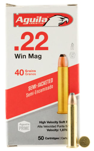 AMMO 22 WIN MAG SOFT POINT 40GR 50RD/BX.22 Win Mag Silver Eagle Rimfire Ammunition 40gr - High Velocity Semi-Jacketed Soft Point - 1,433 muzzle velocity - 50 Rounds per box - 5000 rounds per case