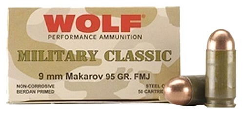 Wolf MC918FMJ Military Classic Pistol 9x18 Makarov 95 GR Full Metal Jacket 50 Bx/ 20 Cs 1000 Total (Case)